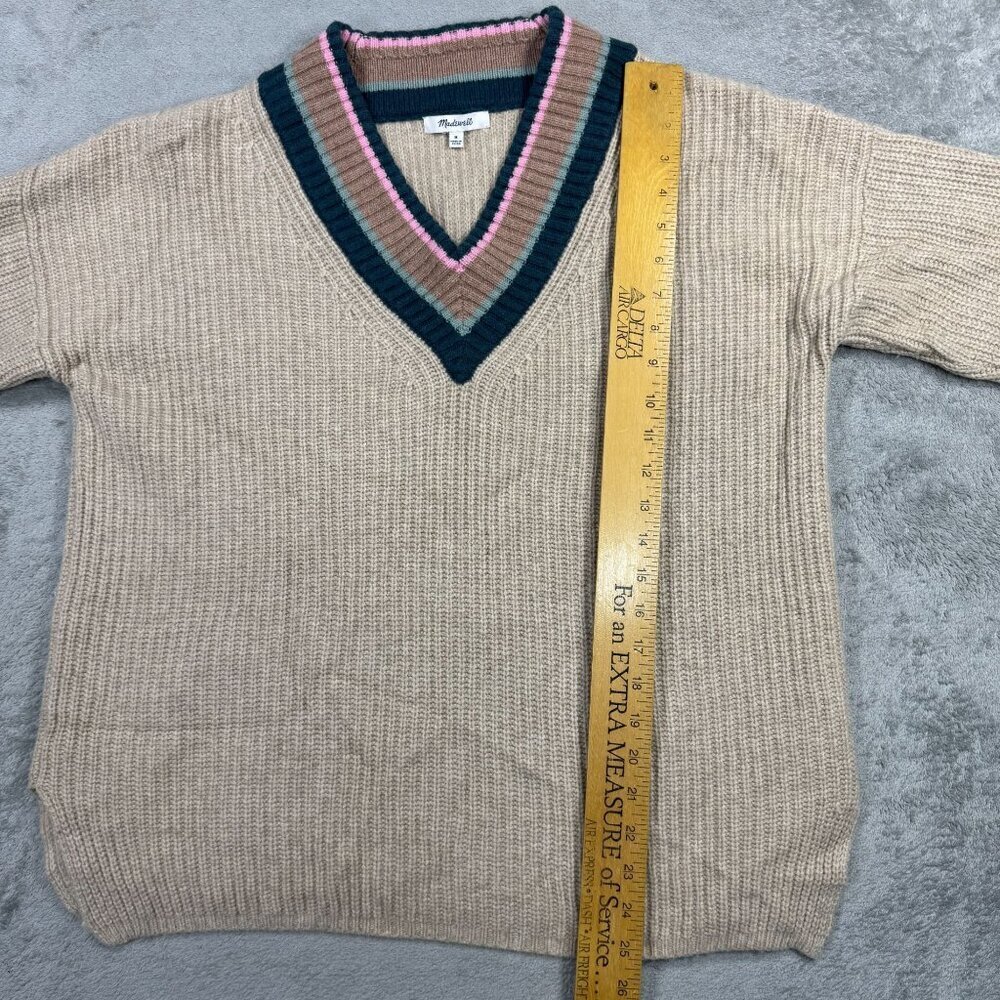 Madewell Beige V-Neck Sweater with Green and Pink Trim - Picture 7 of 8